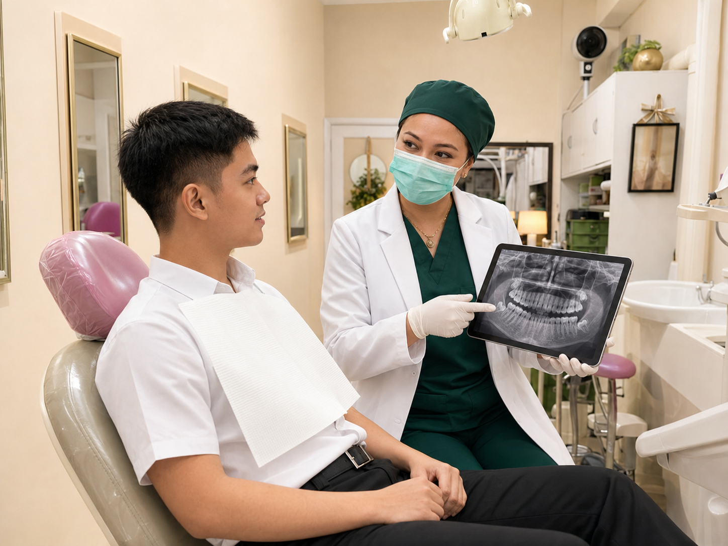 Dr. Len explaining a wisdom tooth X-ray during a dental surgery consultation