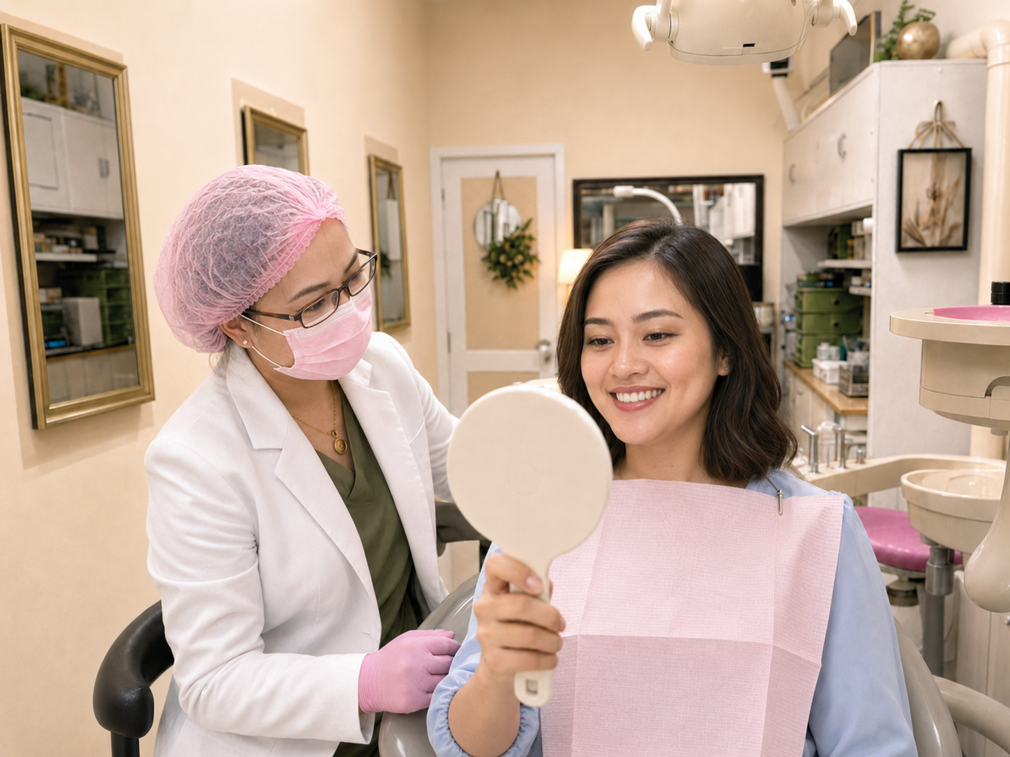 Happy Royal Smiles patient admiring her clean smile after oral prophylaxis