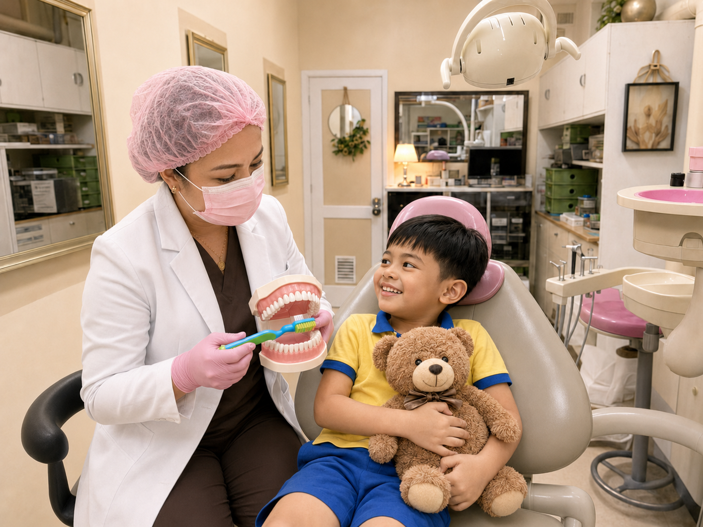 Dr. Len teaching a young patient proper toothbrushing at Royal Smiles